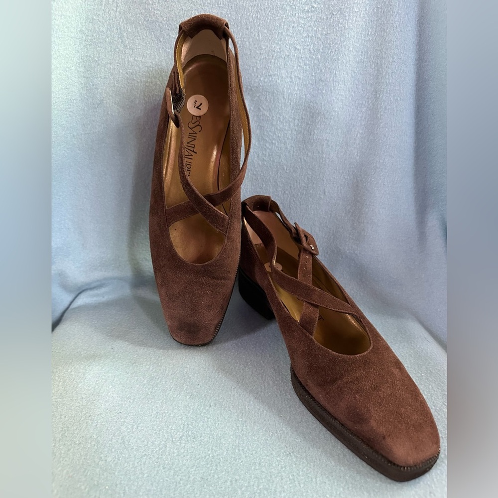Yves Saint Laurent YSL Brown Suede Criss Cross Strap Mary Jane Chunky Heels - Picture 2 of 11